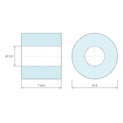 Plan coté 7 mm, Entretoise lisse plastique polyamide PA6 renforcé fibre de verre Ø3,5x8mm pour vis M3