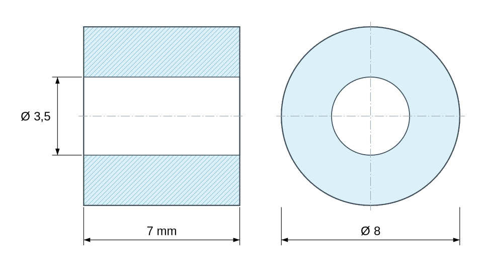 Plan coté Entretoise lisse plastique polyamide PA6 renforcé fibre de verre Ø3,5x8mm pour vis M3 Plan coté Entretoise lisse plastique polyamide PA6 renforcé fibre de verre Ø3,5x8mm pour vis M3