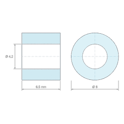 Plan coté 6,5 mm, Entretoise lisse plastique polyamide PA6 renforcé fibre de verre noir Ø4,2x8mm pour vis M4