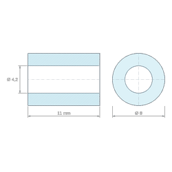 Plan coté 11 mm, Entretoise lisse plastique polyamide PA6 renforcé fibre de verre noir Ø4,2x8mm pour vis M4