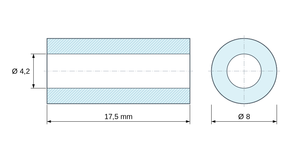 Plan coté Entretoise lisse plastique polyamide PA6 renforcé fibre de verre noir Ø4,2x8mm pour vis M4