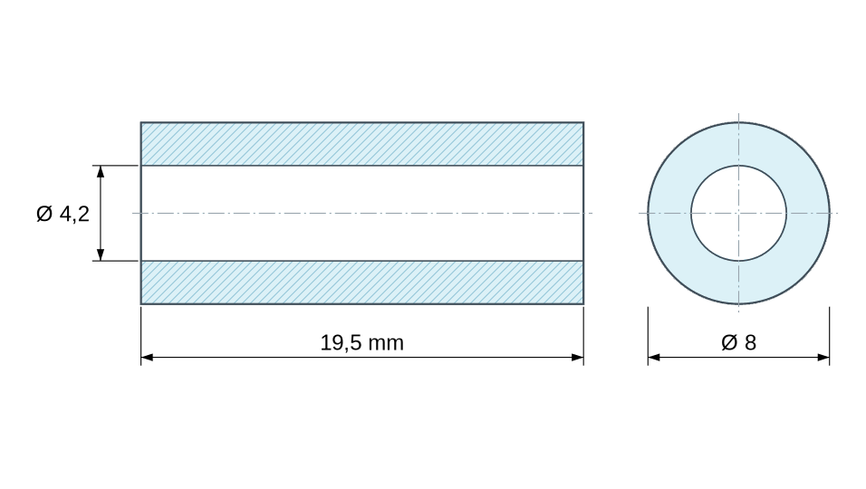 Plan coté Entretoise lisse plastique polyamide PA6 renforcé fibre de verre noir Ø4,2x8mm pour vis M4 Plan coté Entretoise lisse plastique polyamide PA6 renforcé fibre de verre noir Ø4,2x8mm pour vis M4