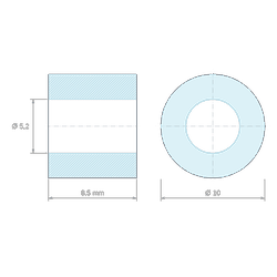 Plan coté 8,5 mm, Entretoise lisse plastique polyamide PA6 renforcé fibre de verre Ø5,2x10mm pour vis M5