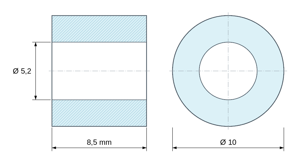 Plan coté Entretoise lisse plastique polyamide PA6 renforcé fibre de verre Ø5,2x10mm pour vis M5 Plan coté Entretoise lisse plastique polyamide PA6 renforcé fibre de verre Ø5,2x10mm pour vis M5