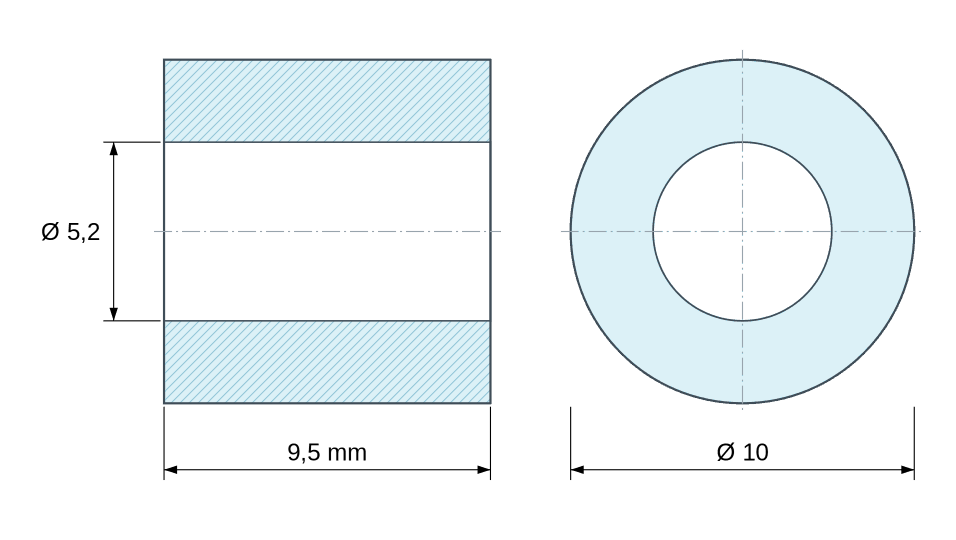 Plan coté Entretoise lisse plastique polyamide PA6 renforcé fibre de verre Ø5,2x10mm pour vis M5