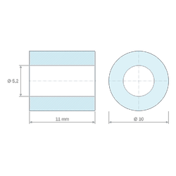 Plan coté 11 mm, Entretoise lisse plastique polyamide PA6 renforcé fibre de verre Ø5,2x10mm pour vis M5