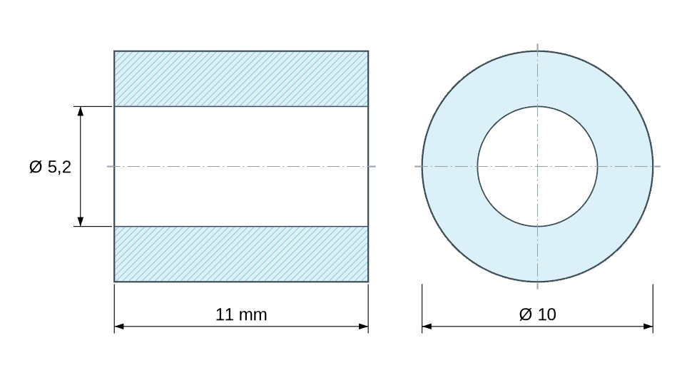 Plan coté Entretoise lisse plastique polyamide PA6 renforcé fibre de verre Ø5,2x10mm pour vis M5
