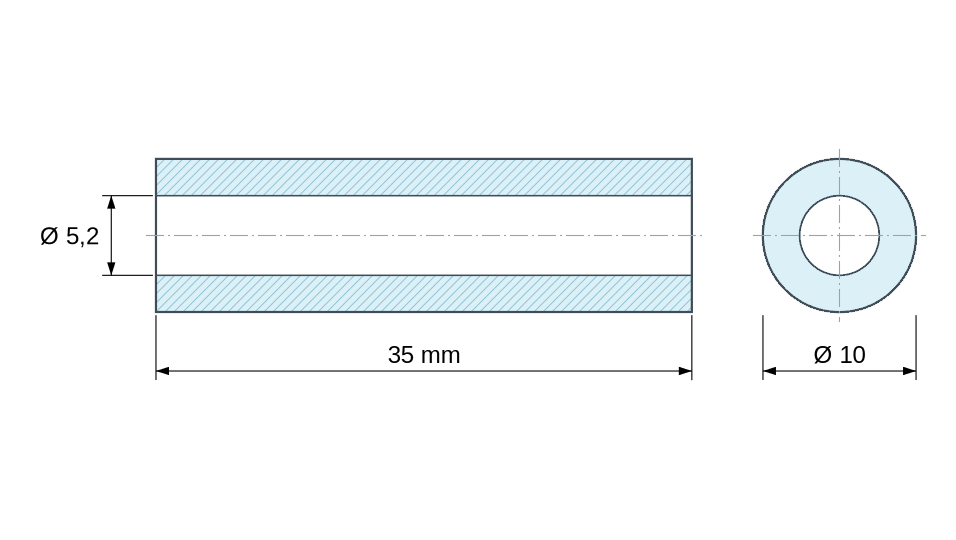 Plan coté Entretoise lisse plastique polyamide PA6 renforcé fibre de verre Ø5,2x10mm pour vis M5 Plan coté Entretoise lisse plastique polyamide PA6 renforcé fibre de verre Ø5,2x10mm pour vis M5