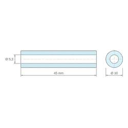 Plan coté 45 mm, Entretoise lisse plastique polyamide PA6 renforcé fibre de verre Ø5,2x10mm pour vis M5