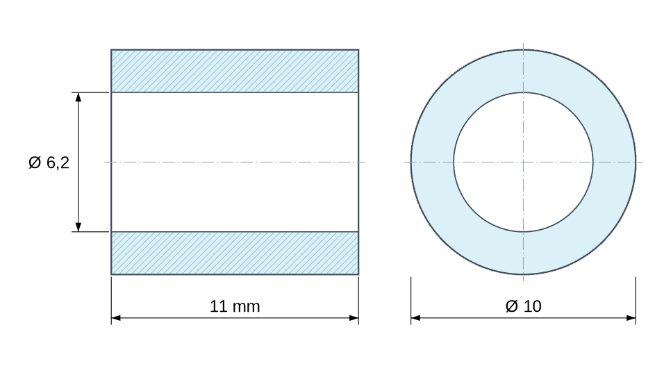 Plan coté Entretoise lisse plastique polyamide PA6 renforcé fibre de verre Ø6,2x10mm pour vis M6