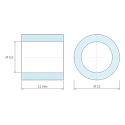 Plan coté 11 mm, Entretoise lisse plastique polyamide PA6 renforcé fibre de verre noir Ø8,2x12mm pour vis M8