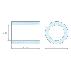 Plan coté 15 mm, Entretoise lisse plastique polyamide PA6 renforcé fibre de verre noir Ø8,2x12mm pour vis M8