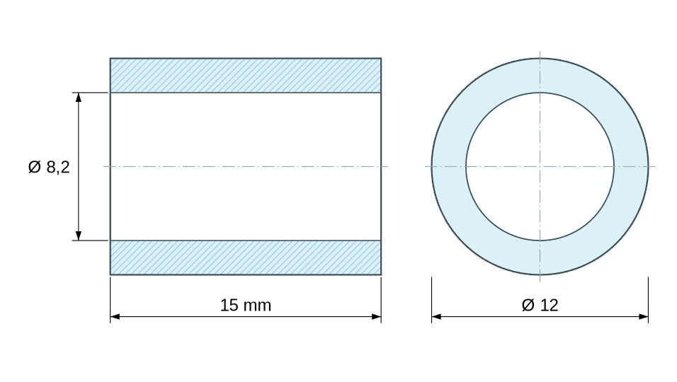 Plan coté Entretoise lisse plastique polyamide PA6 renforcé fibre de verre noir Ø8,2x12mm pour vis M8