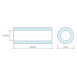 Plan coté 38 mm, Entretoise lisse plastique polyamide PA6 renforcé fibre de verre noir Ø10,4x16mm pour vis M10