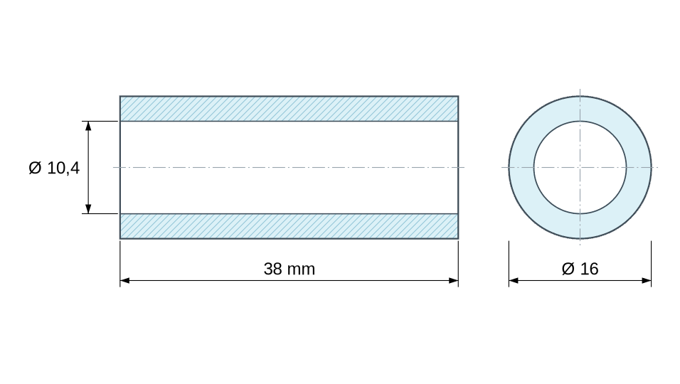 Plan coté Entretoise lisse plastique polyamide PA6 renforcé fibre de verre noir Ø10,4x16mm pour vis M10