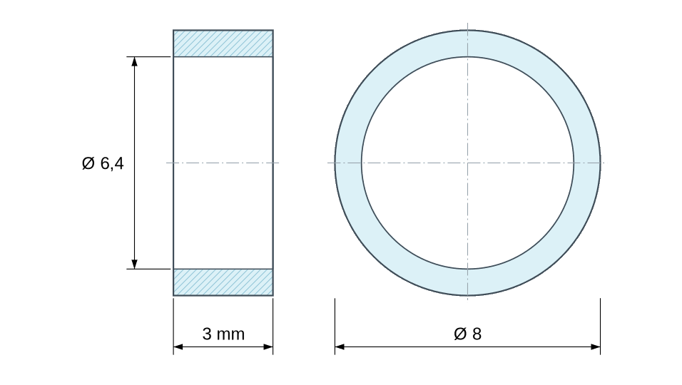 Plan coté Entretoise lisse acier inoxydable Ø6,4x8mm pour vis M6 Plan coté Entretoise lisse acier inoxydable Ø6,4x8mm pour vis M6
