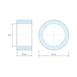 Plan coté 6 mm, Entretoise lisse acier inoxydable Ø9x12mm pour vis M8