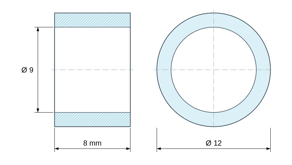 Plan coté Entretoise lisse acier inoxydable Ø9x12mm pour vis M8 Plan coté Entretoise lisse acier inoxydable Ø9x12mm pour vis M8