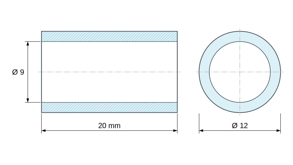 Plan coté Entretoise lisse acier inoxydable Ø9x12mm pour vis M8