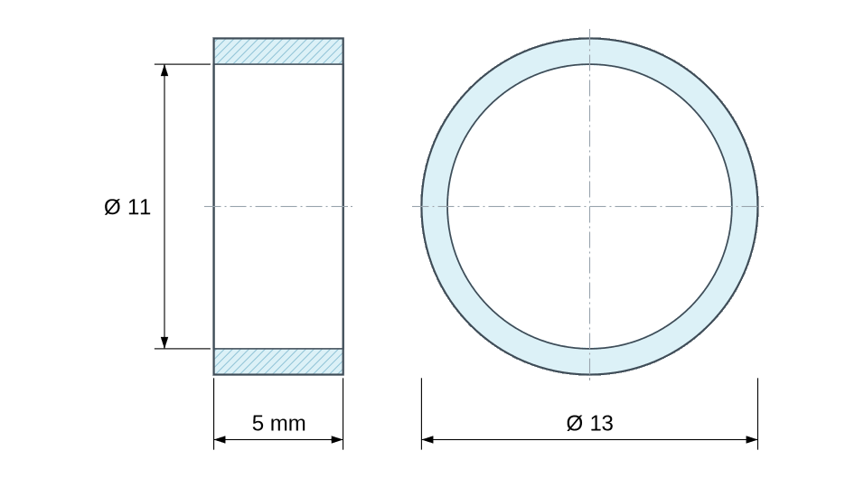 Plan coté Entretoise lisse acier inoxydable Ø11x13mm pour vis M10 Plan coté Entretoise lisse acier inoxydable Ø11x13mm pour vis M10