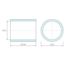 Plan coté 15 mm, Entretoise lisse acier inoxydable Ø11x13mm pour vis M10