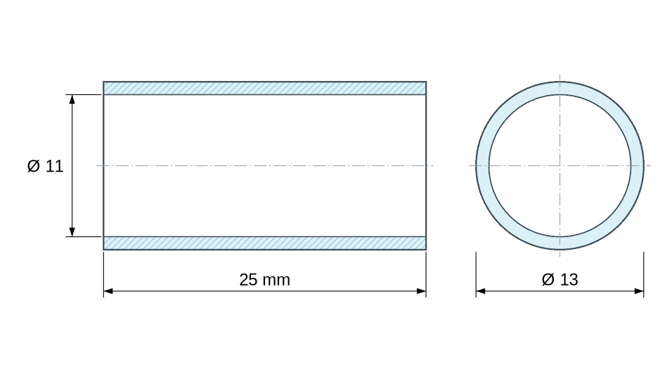 Plan coté Entretoise lisse acier inoxydable Ø11x13mm pour vis M10