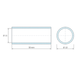 Plan coté 30 mm, Entretoise lisse acier inoxydable Ø11x13mm pour vis M10