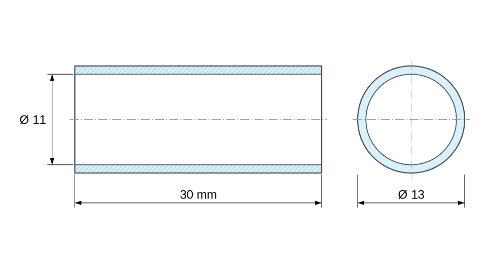Plan coté Entretoise lisse acier inoxydable Ø11x13mm pour vis M10