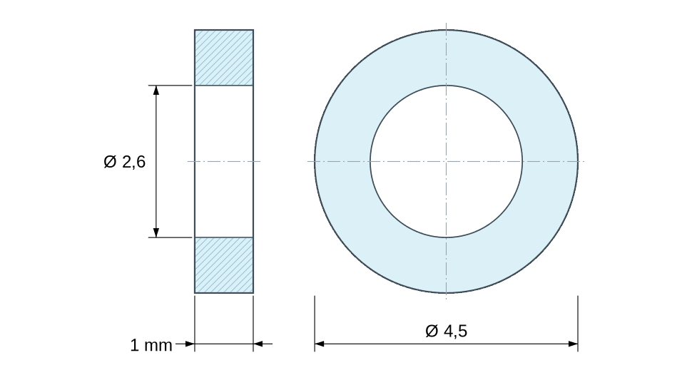 Plan coté Entretoise lisse laiton nickelé Ø2,6x4,5mm pour vis M2,5