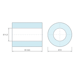 Plan coté 10 mm, Entretoise lisse laiton nickelé Ø4,3x8mm pour vis M4
