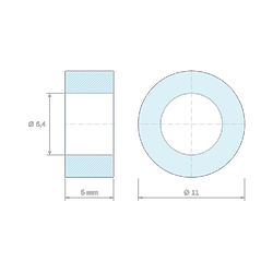 Plan coté 5 mm, Entretoise lisse laiton nickelé Ø6,4x11mm pour vis M6
