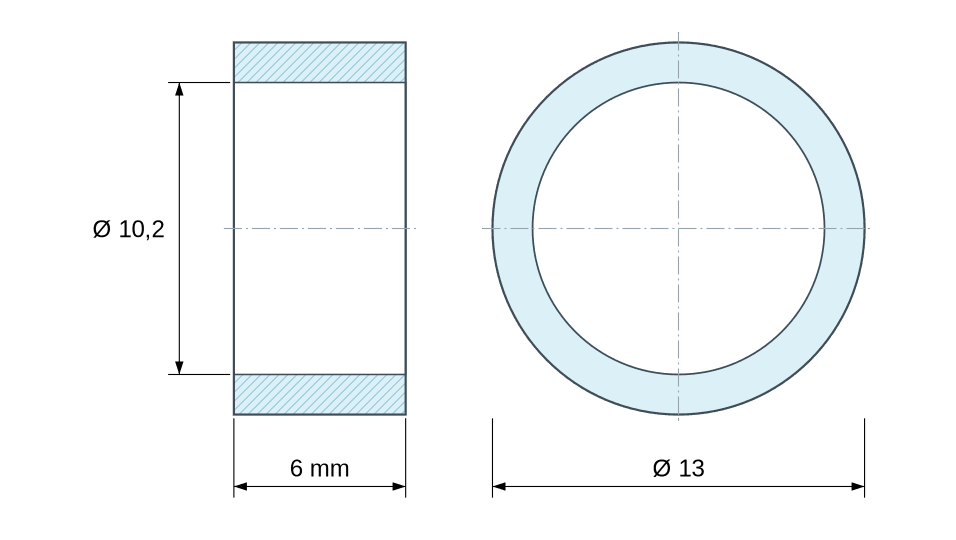 Plan coté Entretoise lisse laiton nickelé Ø10,2x13mm pour vis M10 Plan coté Entretoise lisse laiton nickelé Ø10,2x13mm pour vis M10