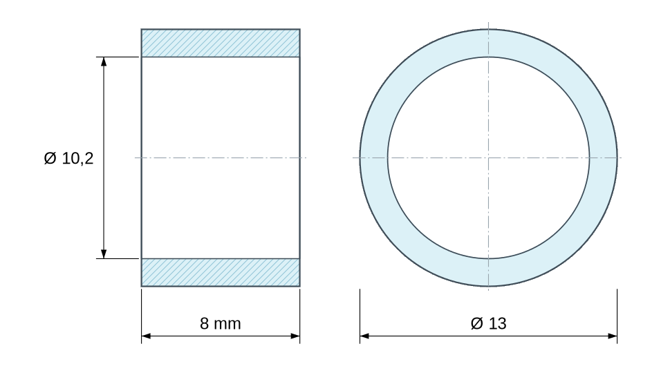 Plan coté Entretoise lisse laiton nickelé Ø10,2x13mm pour vis M10
