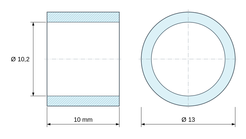 Plan coté Entretoise lisse laiton nickelé Ø10,2x13mm pour vis M10