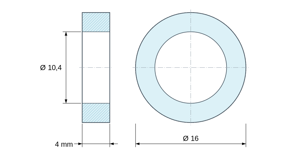 Plan coté Entretoise lisse acier zingué Ø10,4x16mm pour vis M10