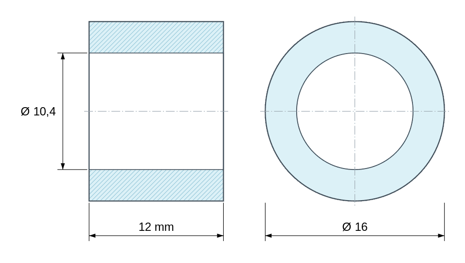 Plan coté Entretoise lisse acier zingué Ø10,4x16mm pour vis M10 Plan coté Entretoise lisse acier zingué Ø10,4x16mm pour vis M10
