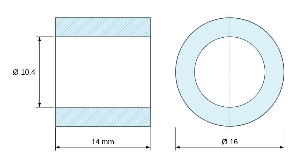 Plan coté Entretoise lisse acier zingué Ø10,4x16mm pour vis M10 Plan coté Entretoise lisse acier zingué Ø10,4x16mm pour vis M10