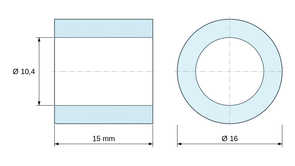 Plan coté Entretoise lisse acier zingué Ø10,4x16mm pour vis M10