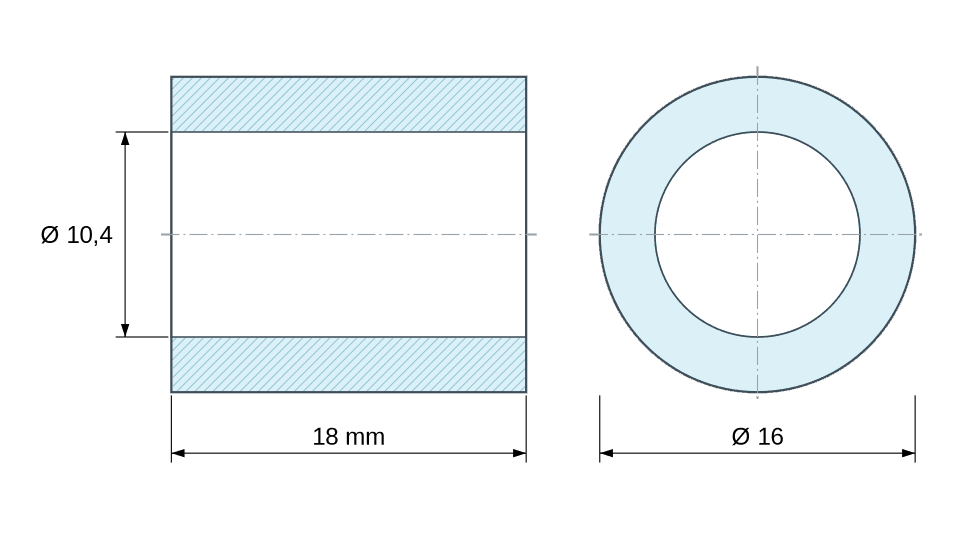 Plan coté Entretoise lisse acier zingué Ø10,4x16mm pour vis M10