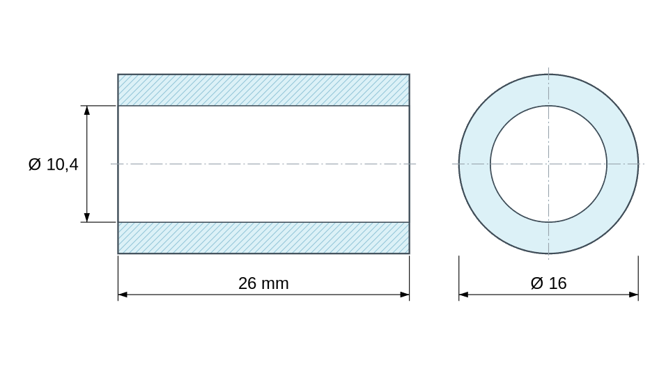 Plan coté Entretoise lisse acier zingué Ø10,4x16mm pour vis M10 Plan coté Entretoise lisse acier zingué Ø10,4x16mm pour vis M10