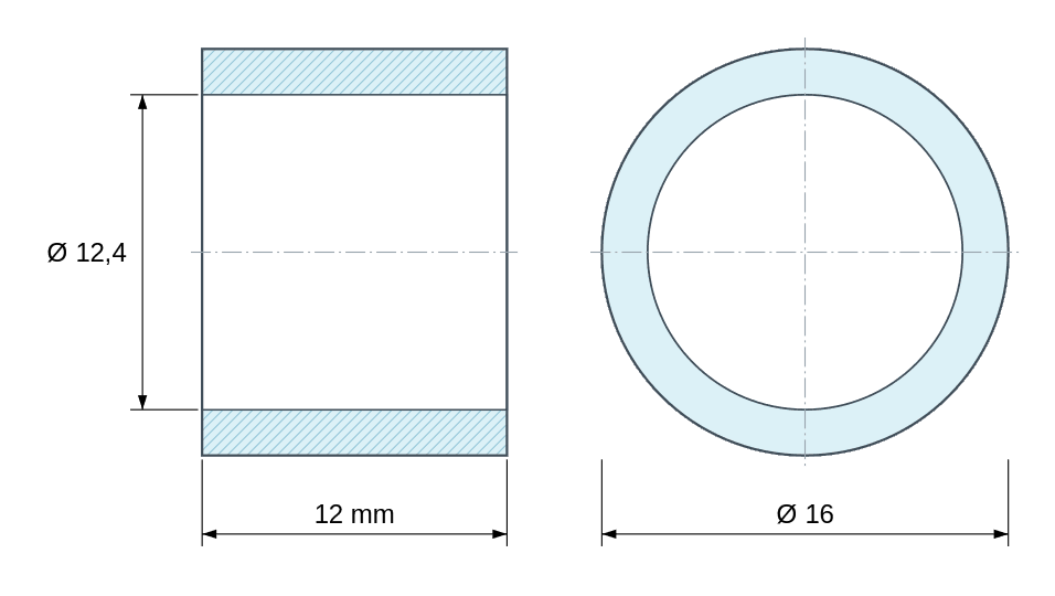 Plan coté Entretoise lisse acier zingué Ø12,4x16mm pour vis M12 Plan coté Entretoise lisse acier zingué Ø12,4x16mm pour vis M12