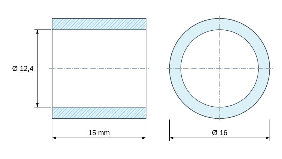 Plan coté Entretoise lisse acier zingué Ø12,4x16mm pour vis M12 Plan coté Entretoise lisse acier zingué Ø12,4x16mm pour vis M12