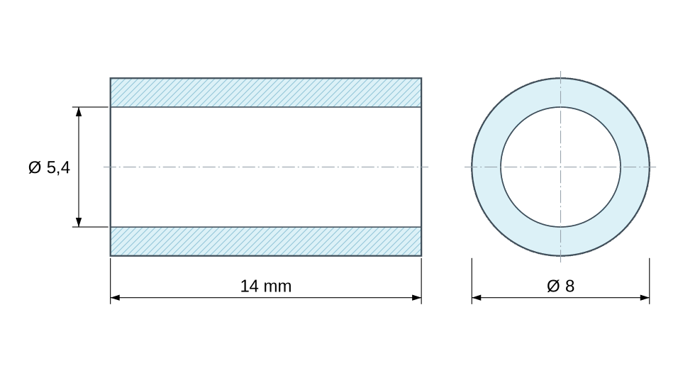 Plan coté Entretoise lisse acier inoxydable Ø5,4x8mm pour vis M5