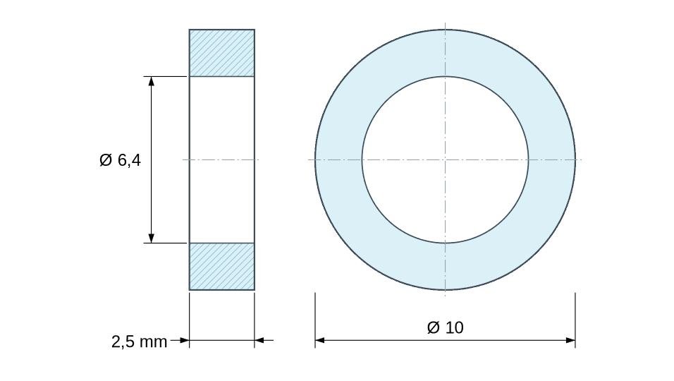 Plan coté Entretoise lisse acier inoxydable Ø6,4x10mm pour vis M6