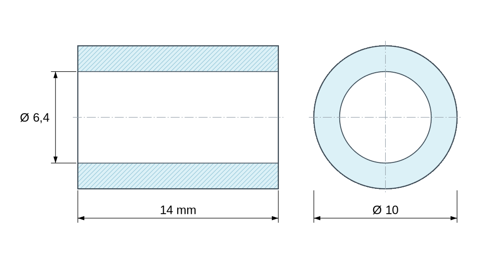 Plan coté Entretoise lisse acier inoxydable Ø6,4x10mm pour vis M6