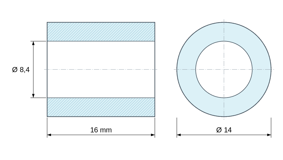 Plan coté Entretoise lisse acier inoxydable Ø8,4x14mm pour vis M8