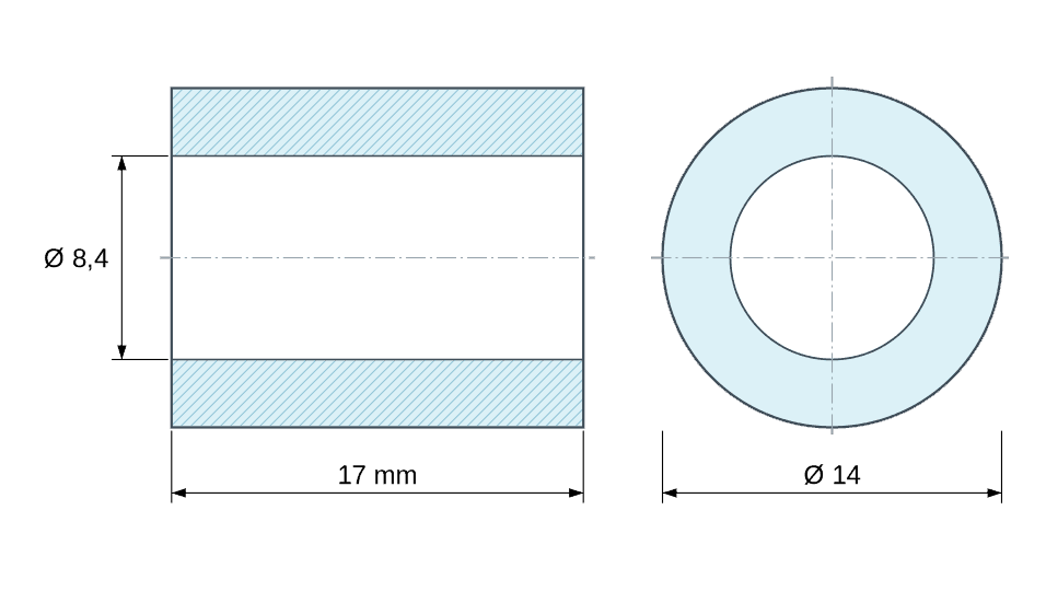 Plan coté Entretoise lisse acier inoxydable Ø8,4x14mm pour vis M8