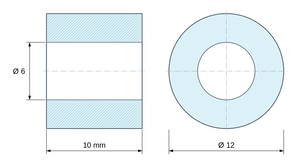 Plan coté Entretoise lisse aluminium Ø6x12mm pour vis M6