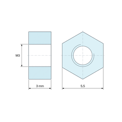 Plan coté 3 mm, Entretoise manchon hexagonal fileté femelle/femelle acier zingué bleu M3