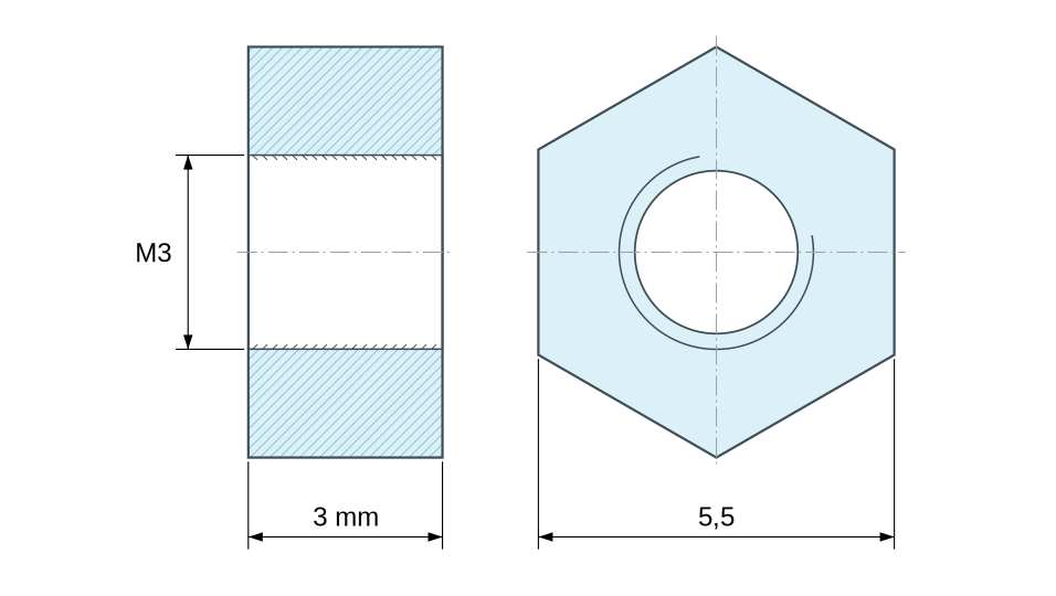 Plan coté Entretoise manchon hexagonal fileté femelle/femelle acier zingué bleu M3